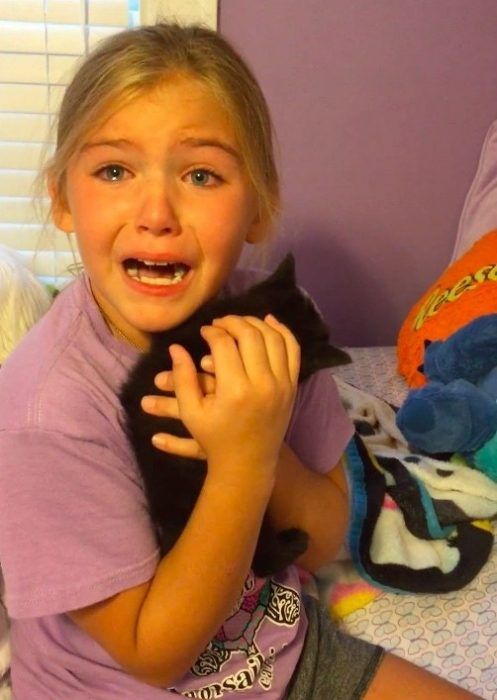 История о девочке, которая не сдерживает слез радости при виде котенка
